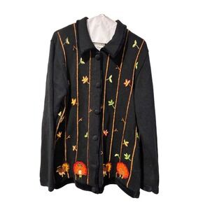 Quacker Factory Thanksgiving Turkey Embroidered Cardigan Sweater Black Medium